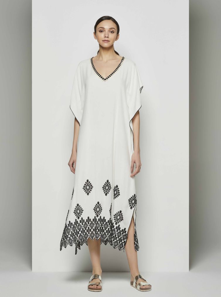 Black & White Beach Kaftan 100% Rayon with Embroidered Trim & V‑Neckline