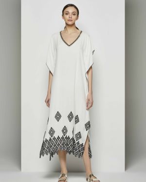 Black & White Beach Kaftan 100% Rayon with Embroidered Trim & V‑Neckline