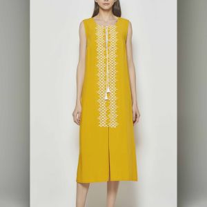 Sleeveless Viscose Dress in Blue Marine with Ecru Trim & Tassel Tie