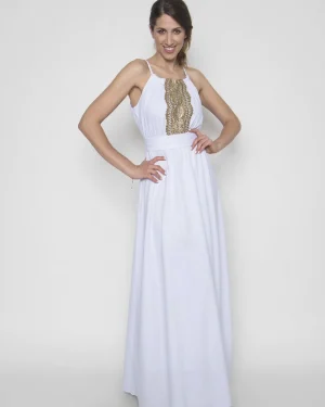 Γυναικείο Λευκό Φόρεμα με Χρυσή Λεπτομέρεια