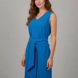 Γυναικείο Λινό Τυρκουάζ Φόρεμα με V Ντεκολτέ & Ζωνάκι