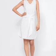 Γυναικείο Λινό Λευκό Φόρεμα με V Ντεκολτέ & Ζωνάκι