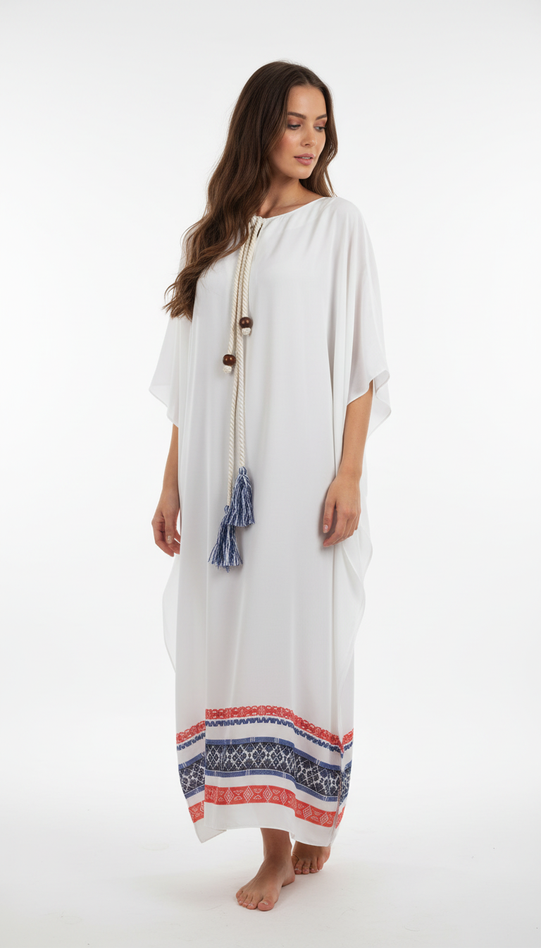 Women’s White Kaftan Dress with Embroidery