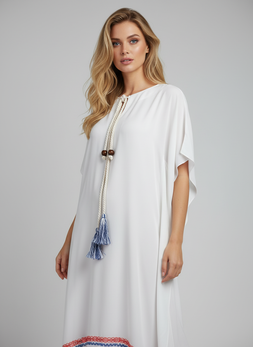 Γυναικείο Λευκό Καφτάνι με Κεντήματα