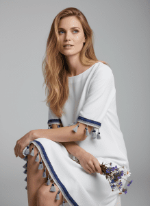 Women’s White Dress with Blue Trim