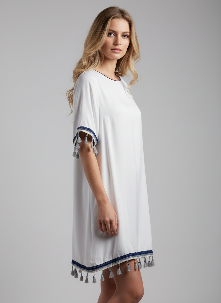 Γυναικείο Λευκό Φόρεμα με Μπλε Λεπτομέρειες