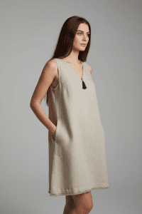 Γυναικείο Λινό Φόρεμα Μπεζ με V Ντεκολτέ