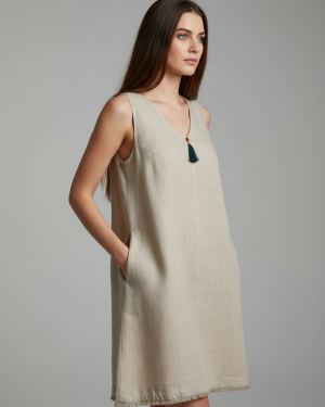 Γυναικείο Λινό Φόρεμα Μπεζ με V Ντεκολτέ