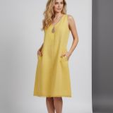 Γυναικείο Λινό Φόρεμα Κίτρινο με V Ντεκολτέ