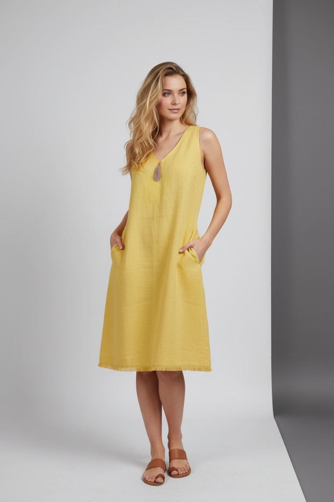 Γυναικείο Λινό Φόρεμα Κίτρινο με V Ντεκολτέ