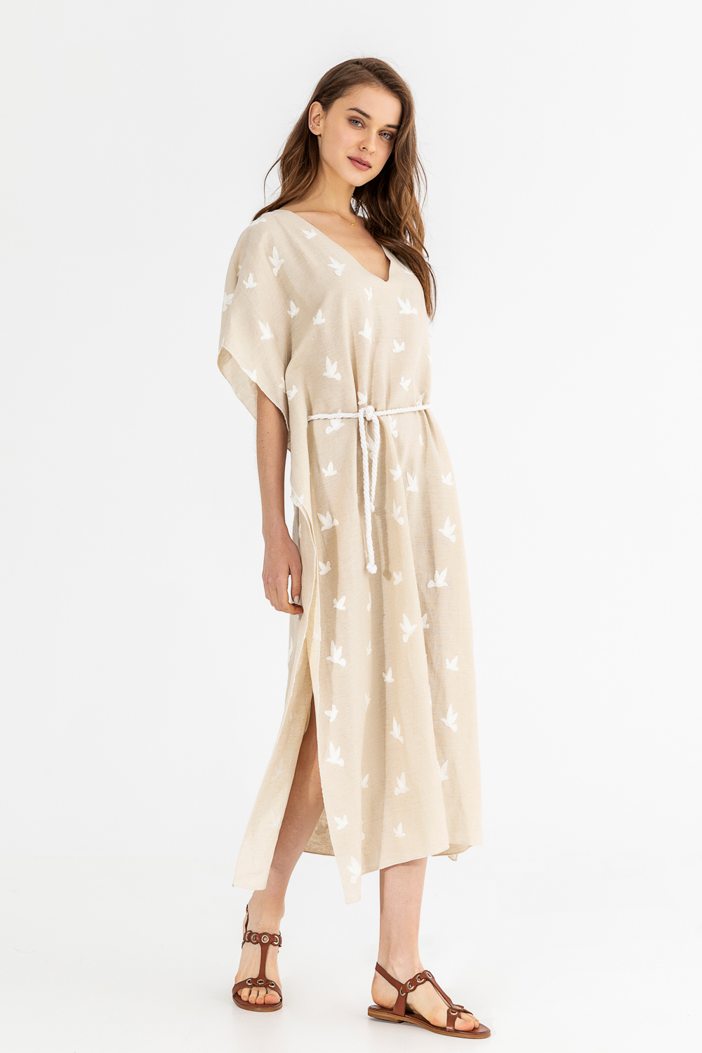 Γυναικείο Μπεζ Φόρεμα με Λευκά Πουλιά