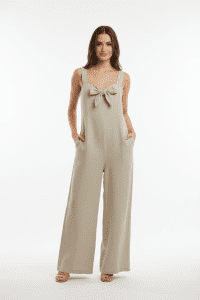 Γυναικεία Λινή Ολόσωμη Φόρμα με Φαρδύ Πόδι Μπεζ