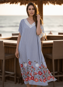 kaftan, rayon kaftan, summer kaftan, beachwear, resort wear, striped kaftan, embroidered kaftan, boho dress, beach cover up, women’s summer fashion