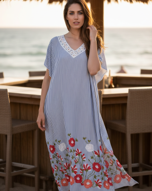 Γυναικείο Καφτάνι 100% Rayon με Ρίγες & Κεντητές Λεπτομέρειες – Αέρινο & Καλοκαιρινό