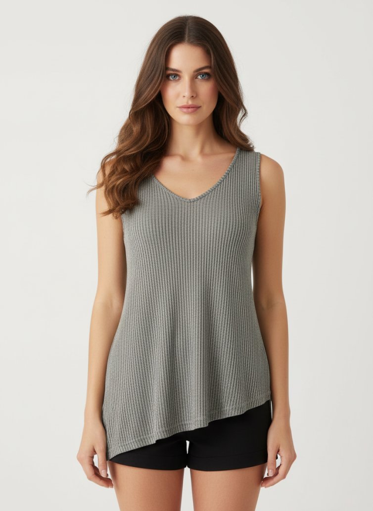Γυναικείο Rib Μπλουζάκι σε Χακί – Αμάνικο με V‑Neck από Viscose Blend
