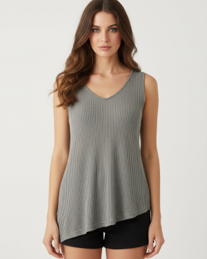 Γυναικείο Rib Μπλουζάκι σε Χακί – Αμάνικο με V‑Neck από Viscose Blend