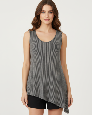 Γυναικεία Αμάνικη Μπλούζα σε Γκρι με Κάθετες Ρίγες – Viscose Blend & Ασύμμετρο Κόψιμο