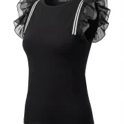 Women’s Black Top with Sheer Ruffle Sleeves & Stripe Detail – Elegant & Modern