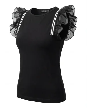 Γυναικείο Μαύρο Μπλουζάκι με Διαφανή Βολάν & Ρίγα – Κομψό & Μοντέρνο