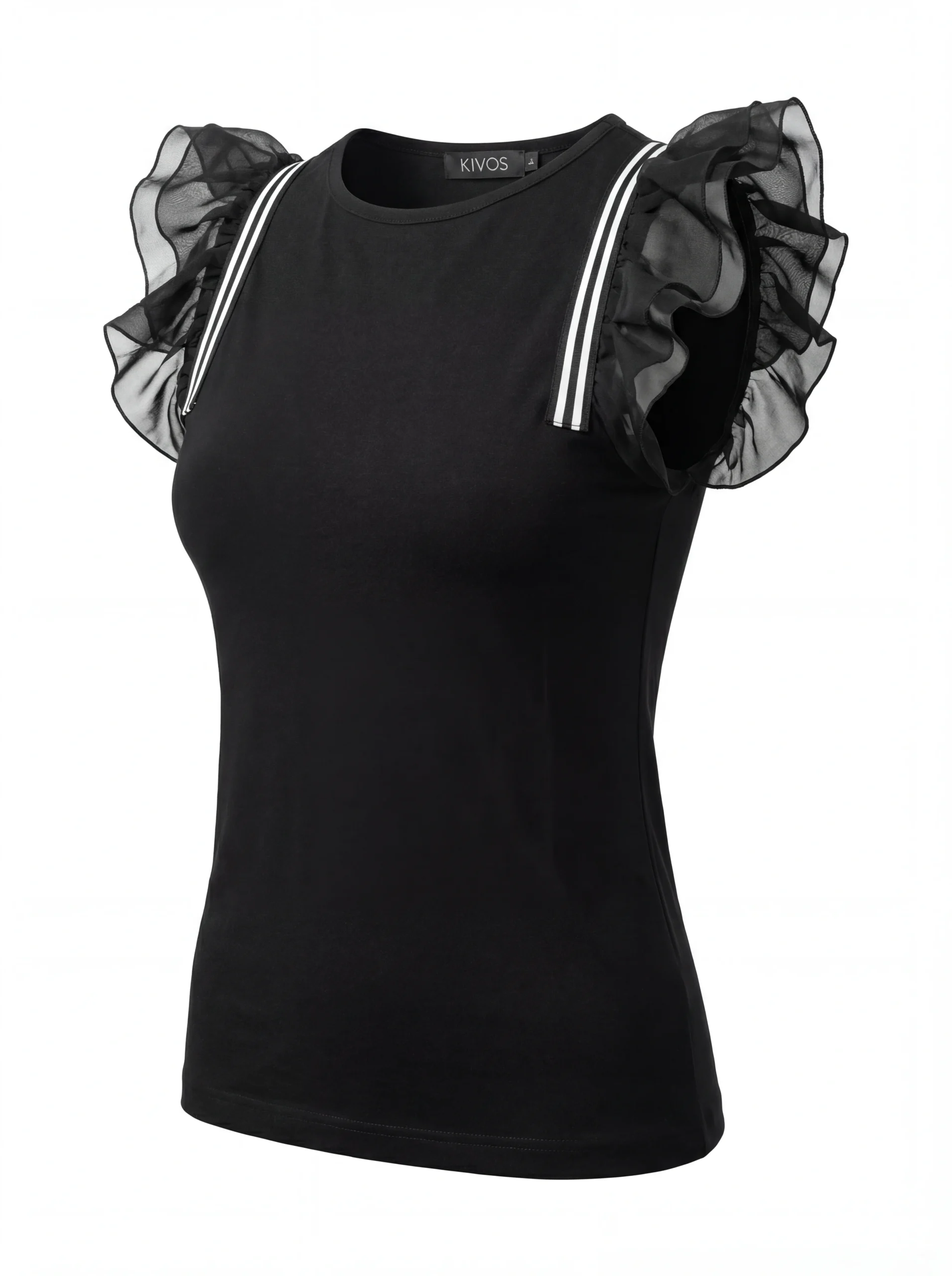 Women’s Black Top with Sheer Ruffle Sleeves & Stripe Detail – Elegant & Modern