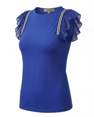 Γυναικείο Μπλε Μπλουζάκι με Βολάν στους Ώμους & Ρίγα – Μοντέρνο & Καλοκαιρινό