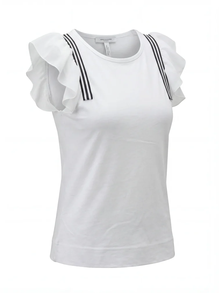 Women’s White Top with Ruffle Sleeves & Black Shoulder Stripes – Chic & Everyday