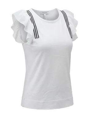 Γυναικείο Λευκό Μπλουζάκι με Βολάν Μανίκια & Μαύρες Ρίγες – Κομψό & Καθημερινό