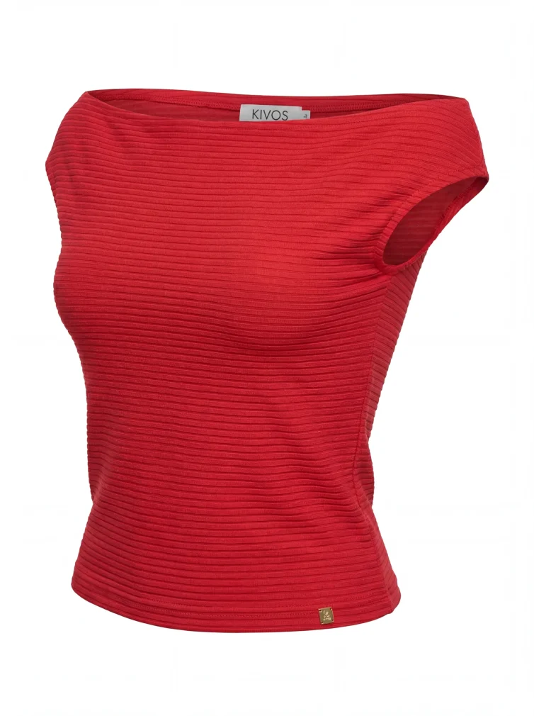 Γυναικείο Κόκκινο Ribbed Αμάνικο Top με Ασύμμετρο Ντεκολτέ – Μοντέρνο & Εντυπωσιακό