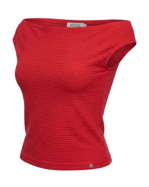 Γυναικείο Κόκκινο Ribbed Αμάνικο Top με Ασύμμετρο Ντεκολτέ – Μοντέρνο & Εντυπωσιακό