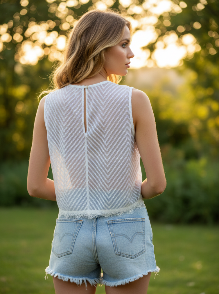 Γυναικεία Λευκή Αμάνικη Μπλούζα με Chevron Μοτίβο & Δαντέλα – Αέρινη & Καλοκαιρινή