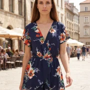 Γυναικείο Μπλε Ολόσωμο Σορτς 100% Rayon με Floral Μοτίβο – Αέρινο & Καλοκαιρινό