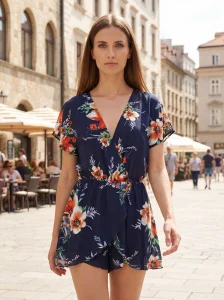 Γυναικείο Μπλε Ολόσωμο Σορτς 100% Rayon με Floral Μοτίβο – Αέρινο & Καλοκαιρινό