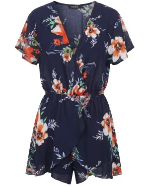 Γυναικείο Μπλε Ολόσωμο Σορτς 100% Rayon με Floral Μοτίβο – Αέρινο & Καλοκαιρινό