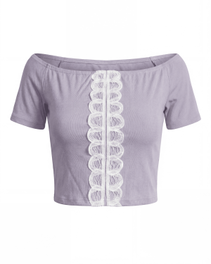 Γυναικείο Λιλά Cropped Μπλουζάκι με Κάθετη Δαντέλα – Ρομαντικό & Καλοκαιρινό