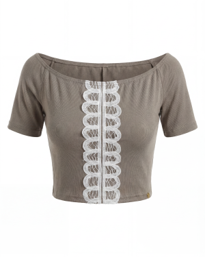 Γυναικείο Ταμπά Μπλουζάκι με Κάθετη Λευκή Δαντέλα – Κομψό & Minimal