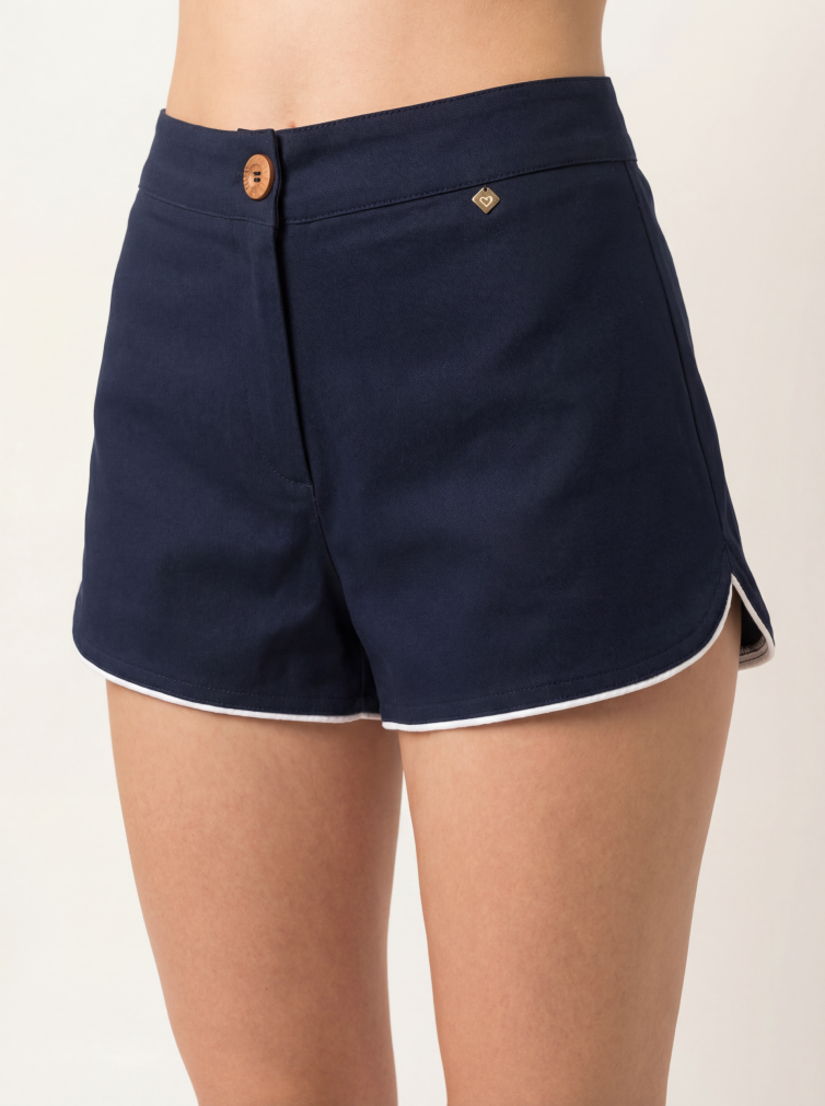 Women’s Navy Blue Shorts with White Piping & Wooden Button – Chic & Summer‑Ready