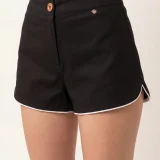 Women’s Black Shorts with White Piping & Wooden Button – Minimal & Chic