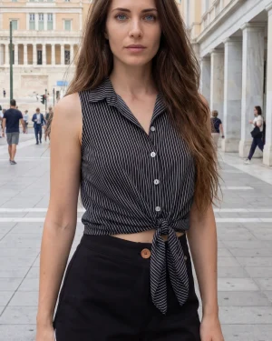 Γυναικείο Μαύρο Αμάνικο Πουκάμισο 100% Viscose με Ρίγες – Δροσερό & Κομψό