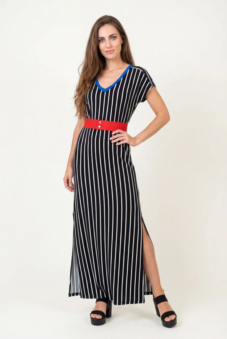 Γυναικείο Μαύρο Ριγέ Φόρεμα Viscose με Ζώνη – Κομψό & Αέρινο