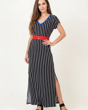 Γυναικείο Μαύρο Ριγέ Φόρεμα Viscose με Ζώνη – Κομψό & Αέρινο