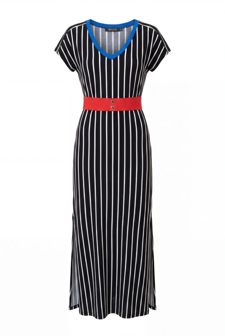 Γυναικείο Μαύρο Ριγέ Φόρεμα Viscose με Ζώνη – Κομψό & Αέρινο