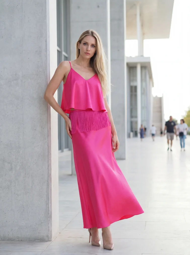 Women’s Fuchsia Satin Dress with Fringe – Glamorous & Eye‑Catching