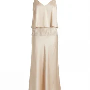 Σατέν Φόρεμα Midi με Λεπτομέρεια Κρόσσια και Λεπτές Τιράντες – Σαμπανί