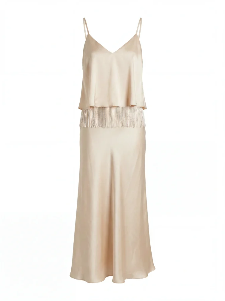 Women’s Beige Satin Dress with Fringe – Elegant & Minimal Chic