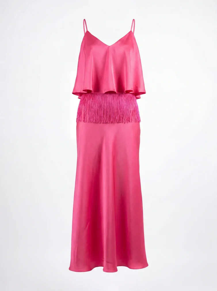 Women’s Fuchsia Satin Dress with Fringe – Glamorous & Eye‑Catching