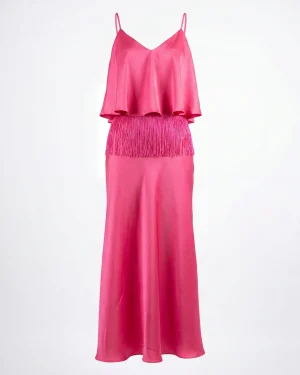 Γυναικείο Φούξια Σατέν Φόρεμα με Κρόσσια – Εντυπωσιακό & Λαμπερό