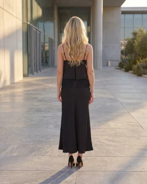 Γυναικείο Μαύρο Σατέν Φόρεμα με Λεπτές Τιράντες – Κομψό & Minimal Chic