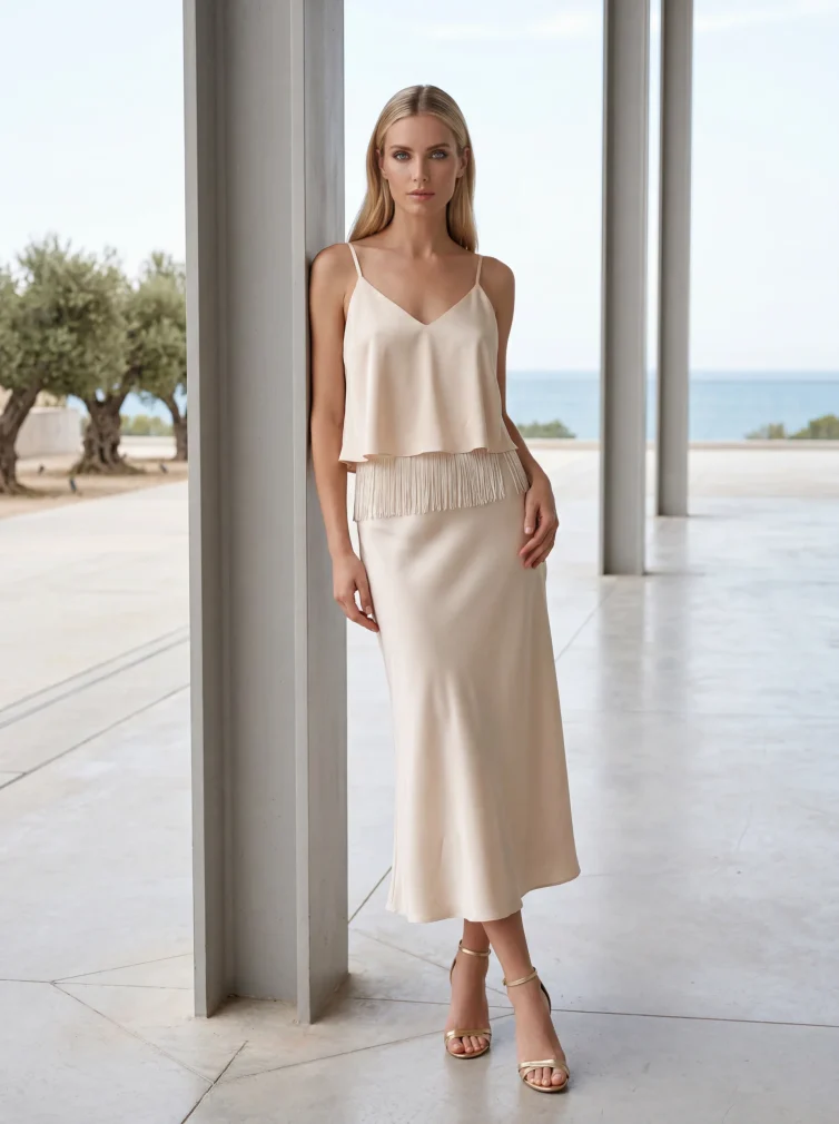 Women’s Beige Satin Dress with Fringe – Elegant & Minimal Chic