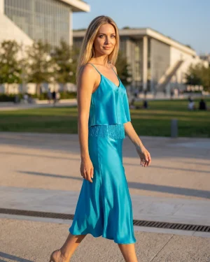 Γυναικείο Τιρκουάζ Σατέν Φόρεμα – Λαμπερό, Δροσερό & Καλοκαιρινό