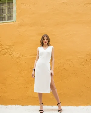 Women’s White Summer Dress – Sleeveless Lace‑Up Front & Side Slit